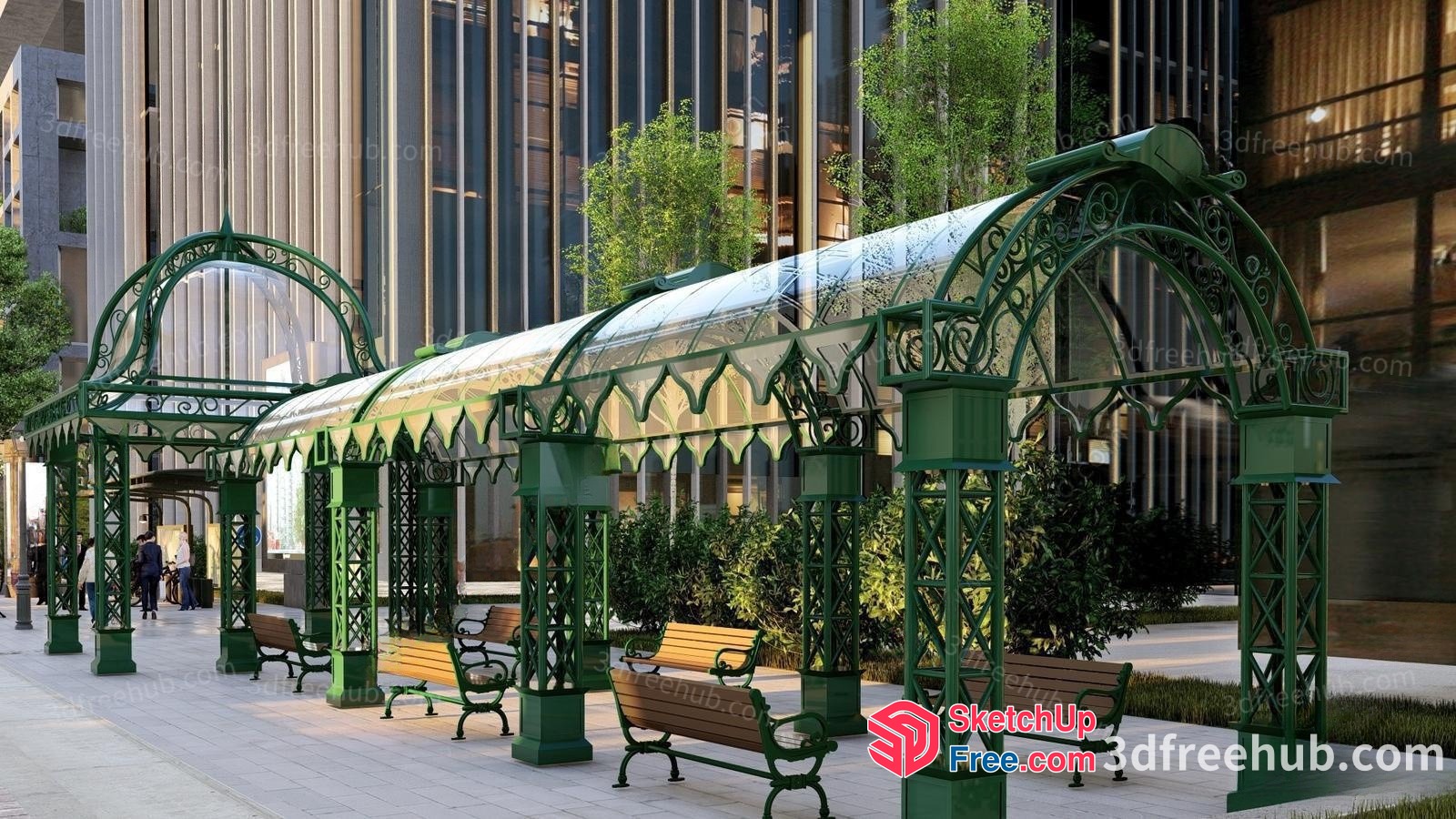 Elegant Green Metalwork Structure With Glass Roof And Wooden Benches 3D SketchUp File