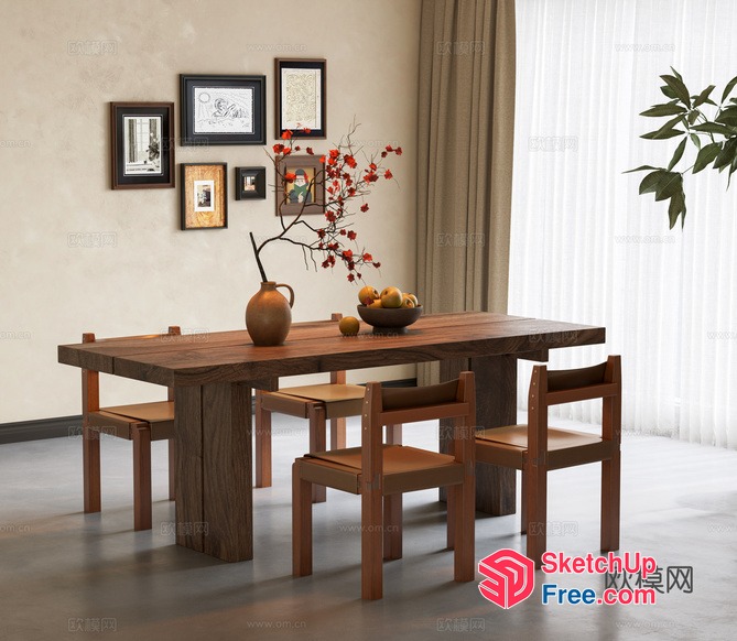 Rustic Wooden Dining Room Table And Chairs 3D SketchUp File