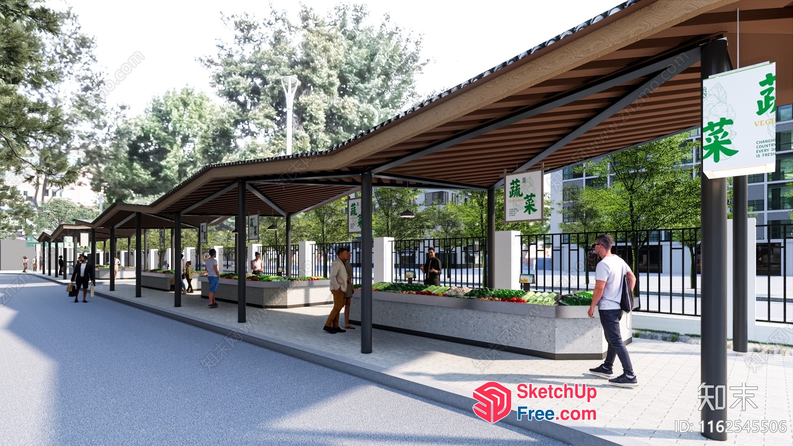 Outdoor Market Scene With Vegetable Stalls And People Walking 3D SketchUp File