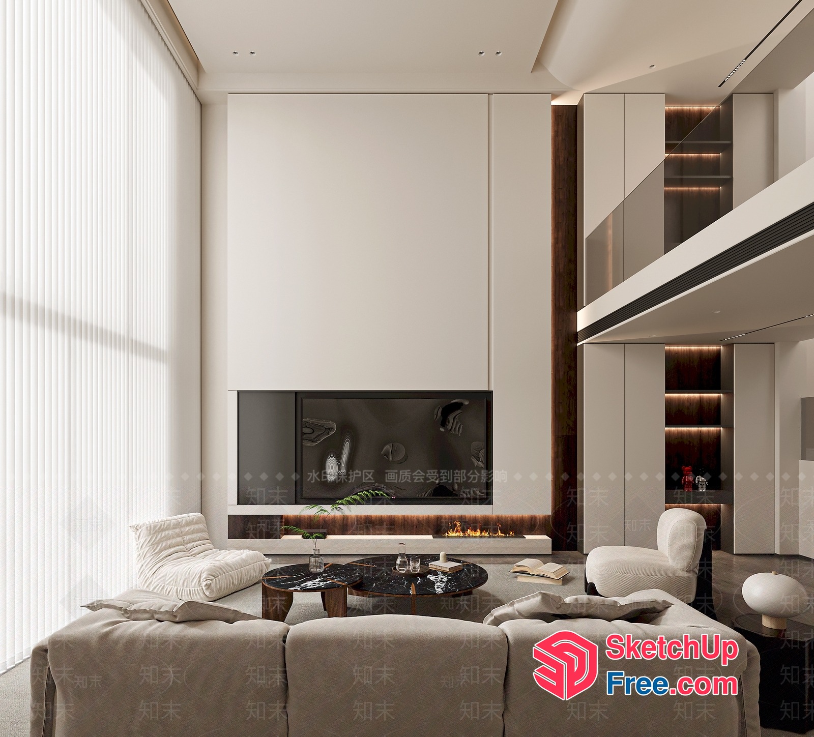 Modern Minimalist Living Room With Fireplace And Staircase 3D SketchUp File