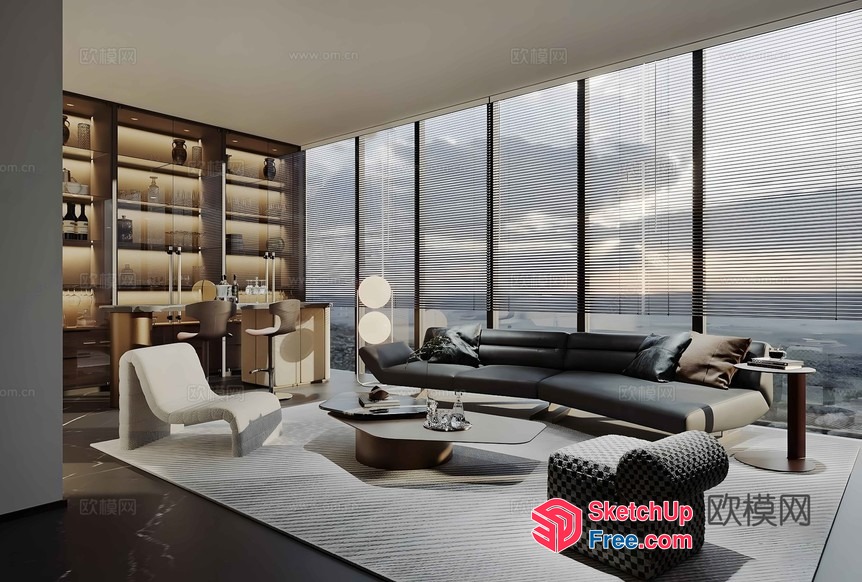 Modern Luxury Living Room With Large Windows And Minimalist Decor 3D SketchUp File