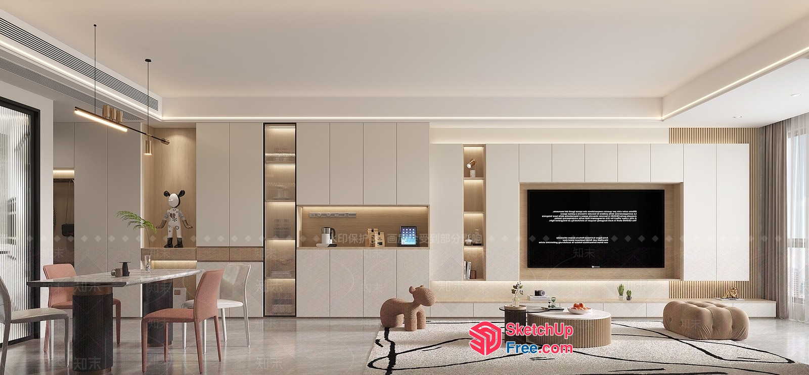 Modern Minimalist Living Room With Creamy And White Color Scheme 3D SketchUp File