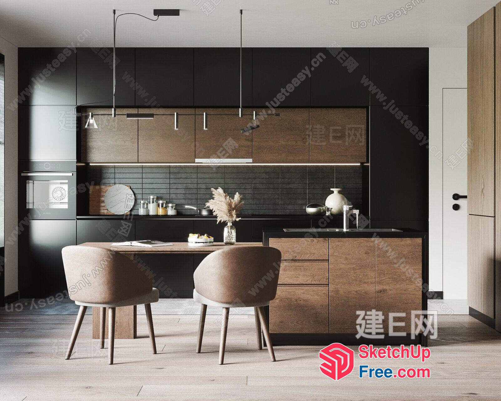 Modern Kitchen Interior With Dark Wood And Black Accents 3D SketchUp File