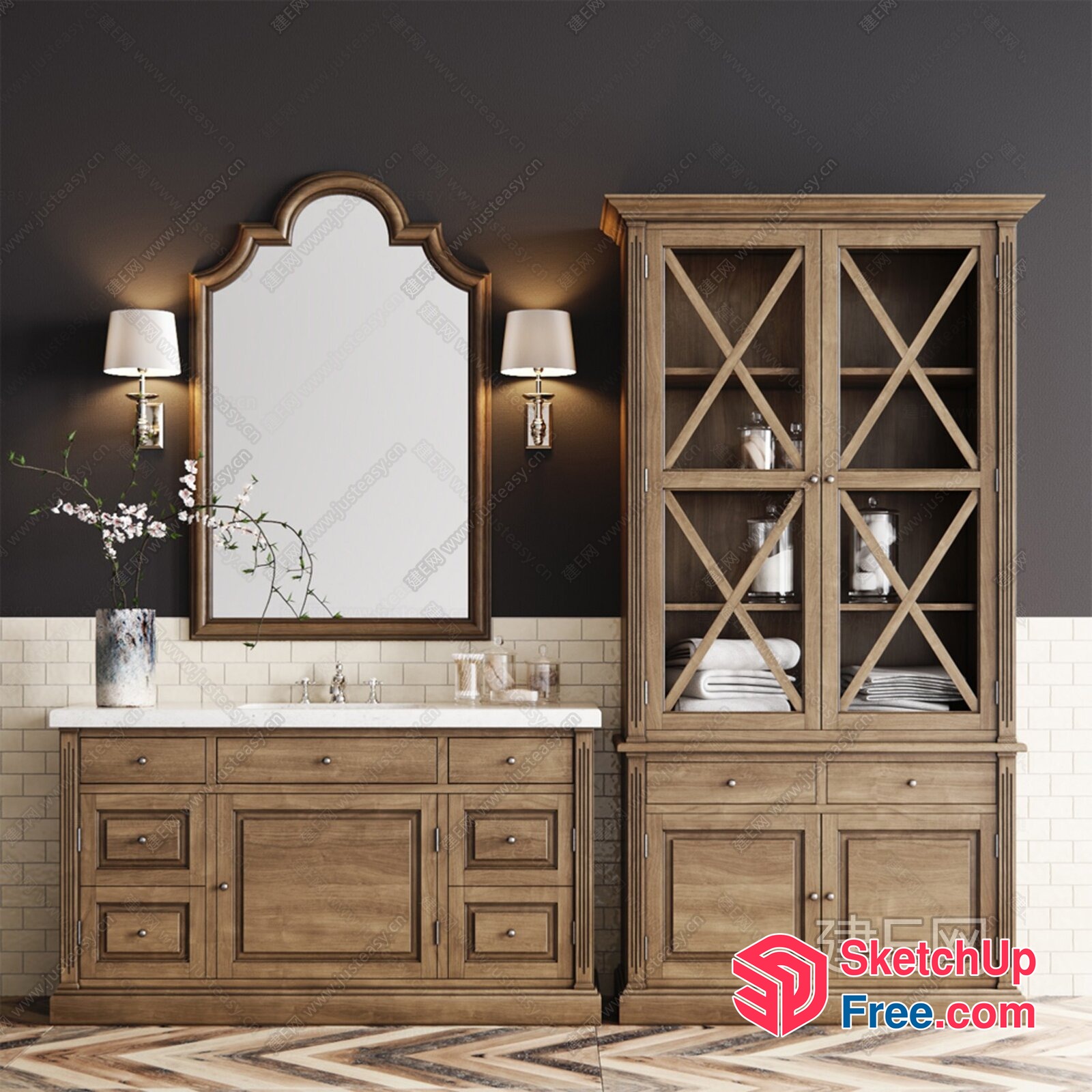 Elegant Bathroom Vanity With Wooden Cabinet And Mirror 3D SketchUp File