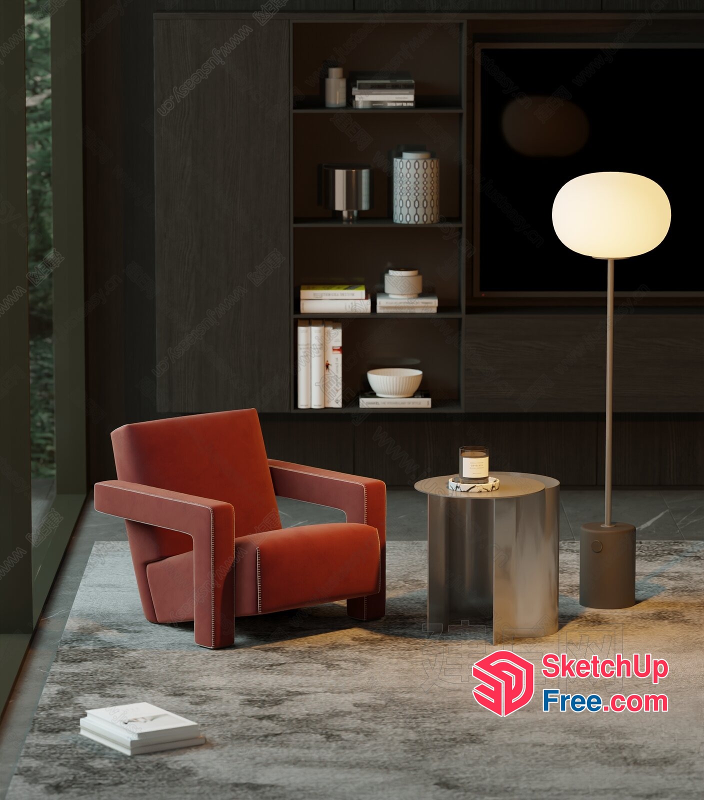 Modern Living Room With Red Chair And Floor Lamp 3D SketchUp File
