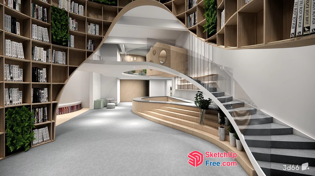 Modern Library Interior With Staircase And Bookshelves 3D SketchUp File