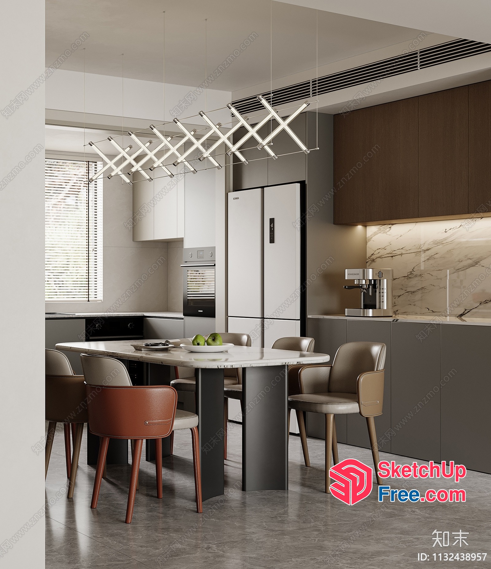 Modern Kitchen With Sleek White Dining Table And Elegant Chandelier 3D SketchUp File