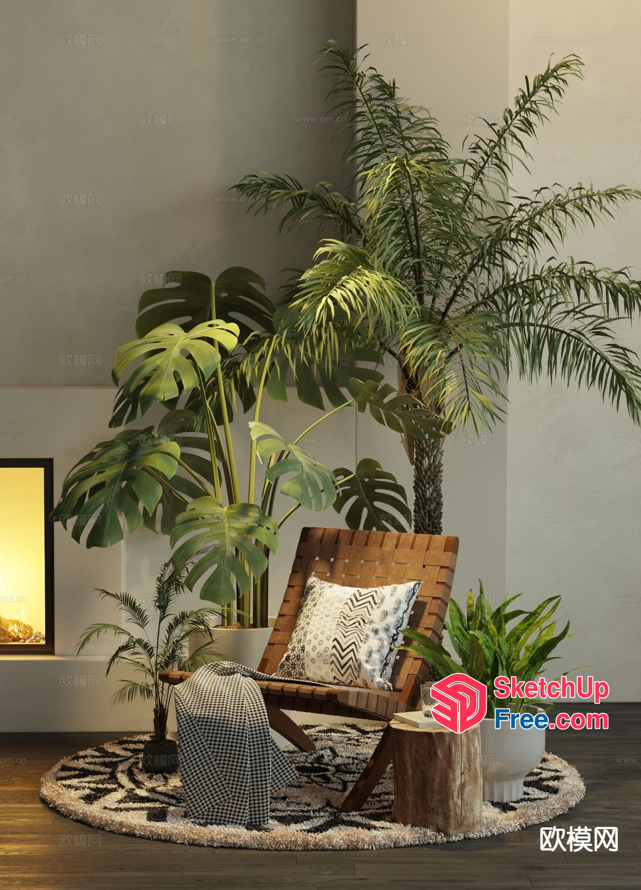Tropical Oasis Living Room With Potted Plants And Wooden Furniture 3D SketchUp File
