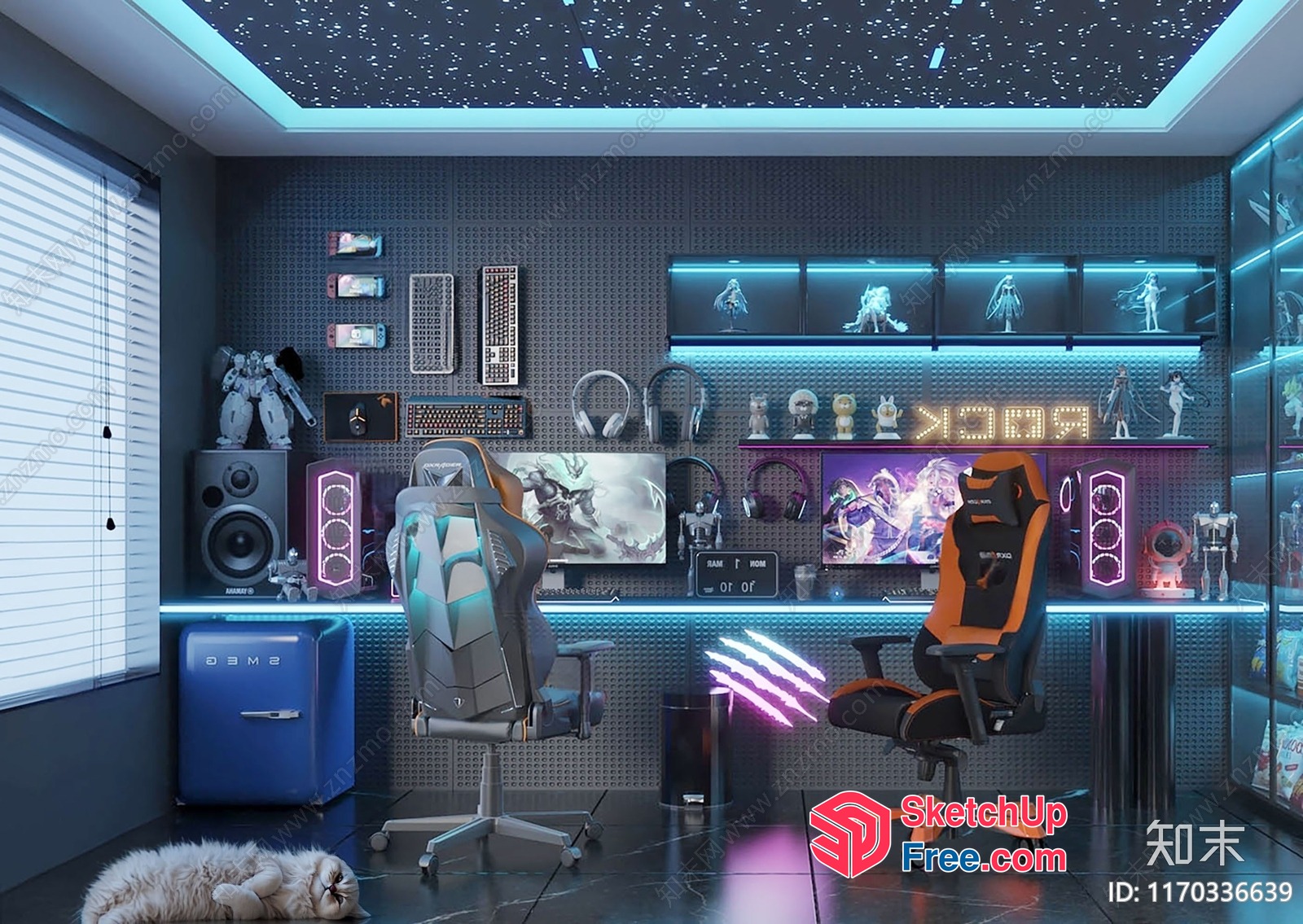 Futuristic Gaming Room With Neon Lights And Anime Decorations 3D SketchUp File