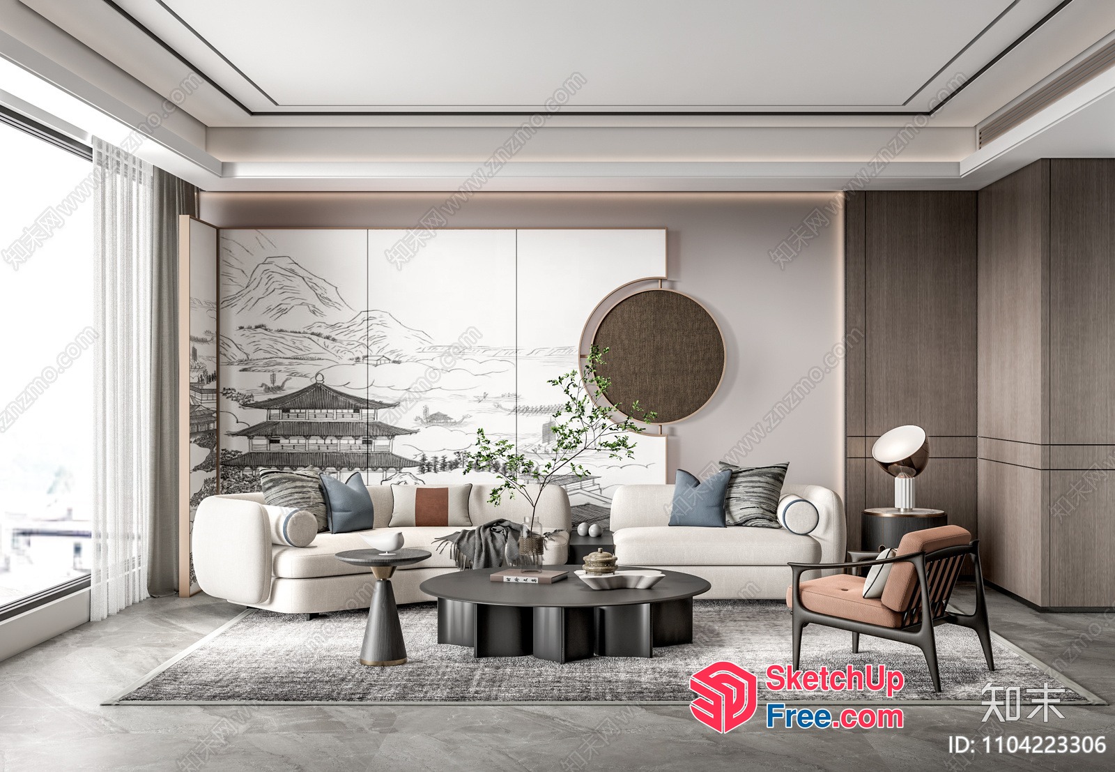 Modern Japanese-Inspired Living Room With Natural Light 3D SketchUp File