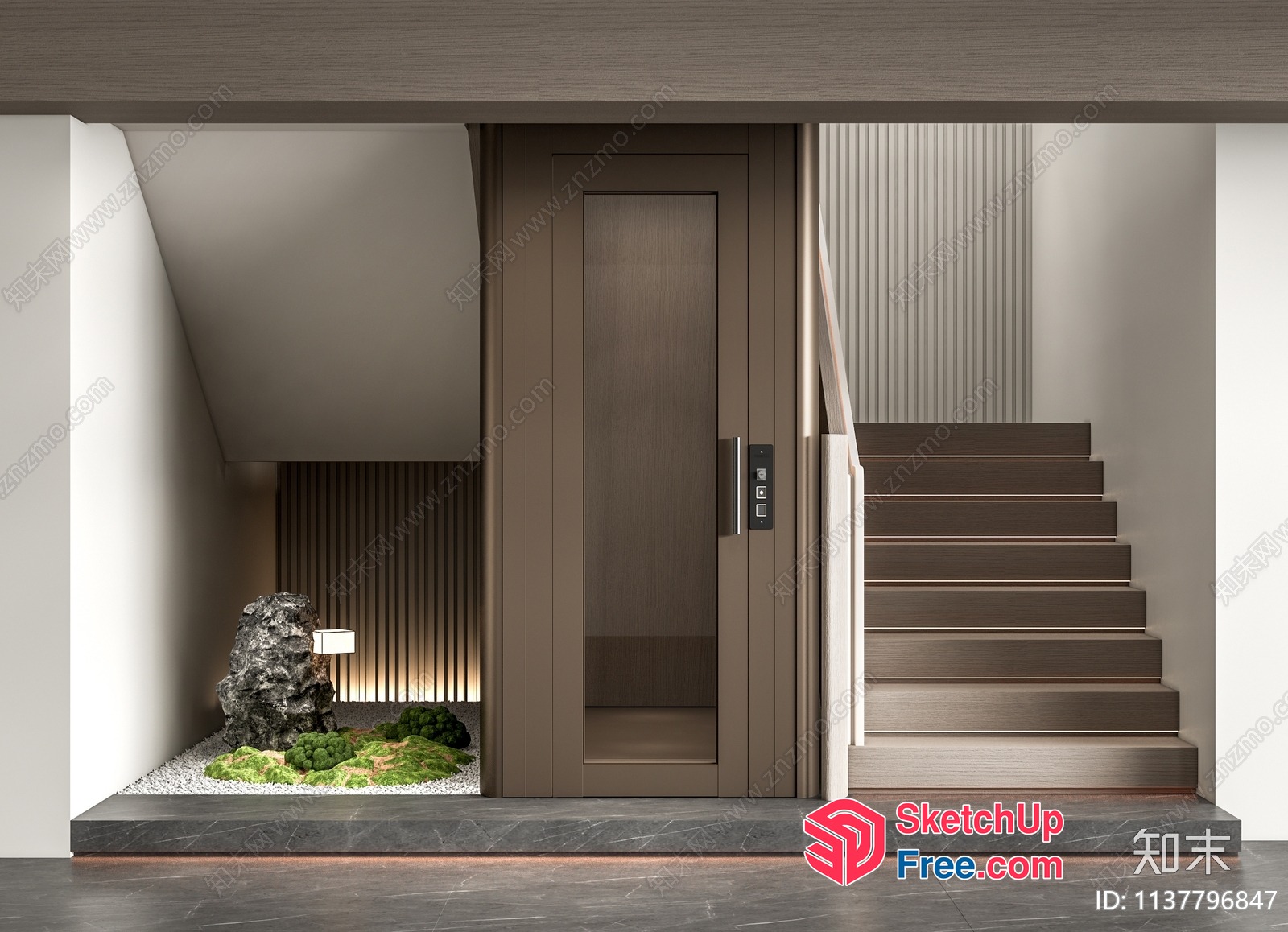 Elegant Staircase With Modern Elevator And Zen Garden 3D SketchUp File