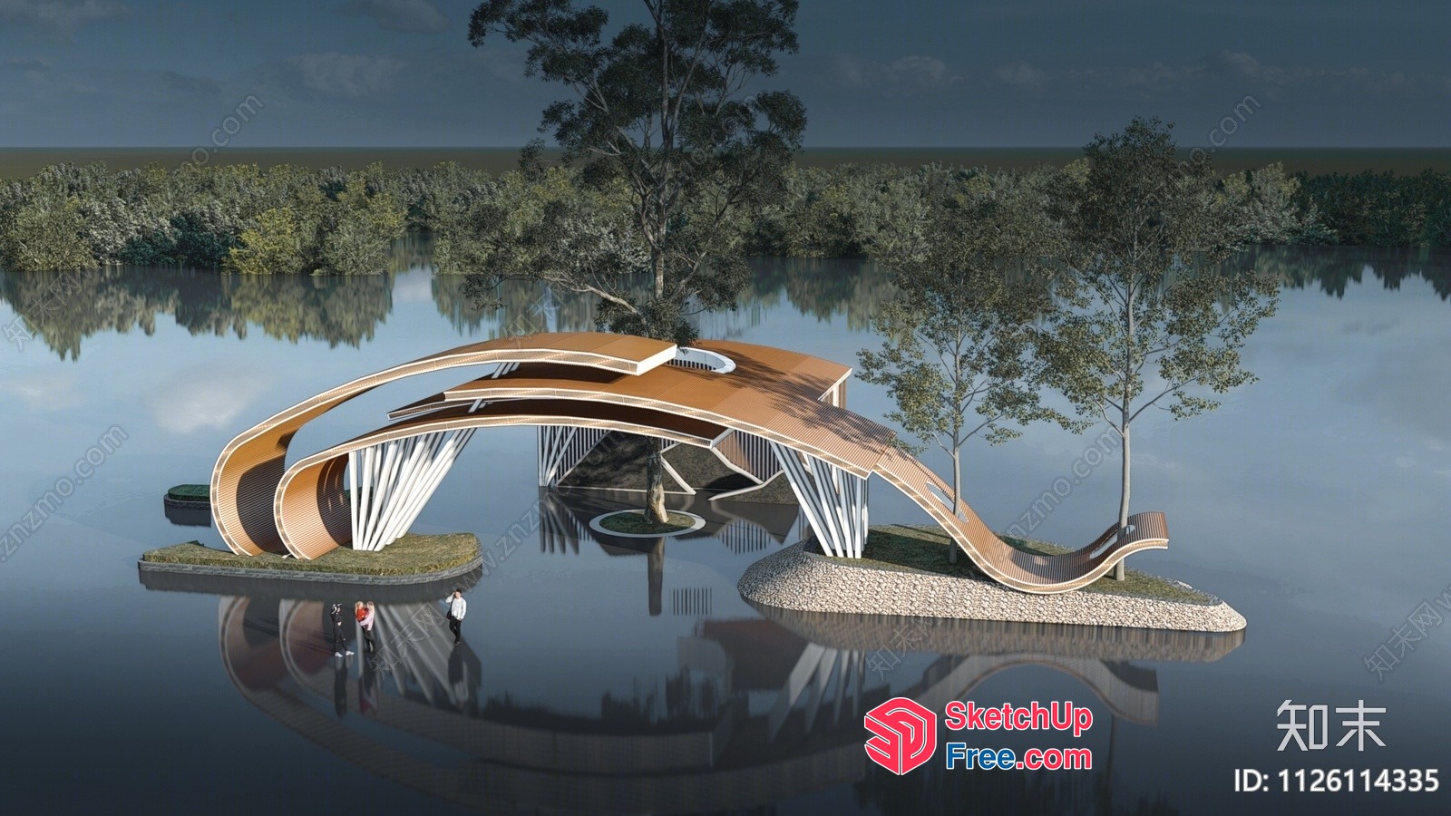 Modern Wooden Bridge With Curved Railing 3D SketchUp File