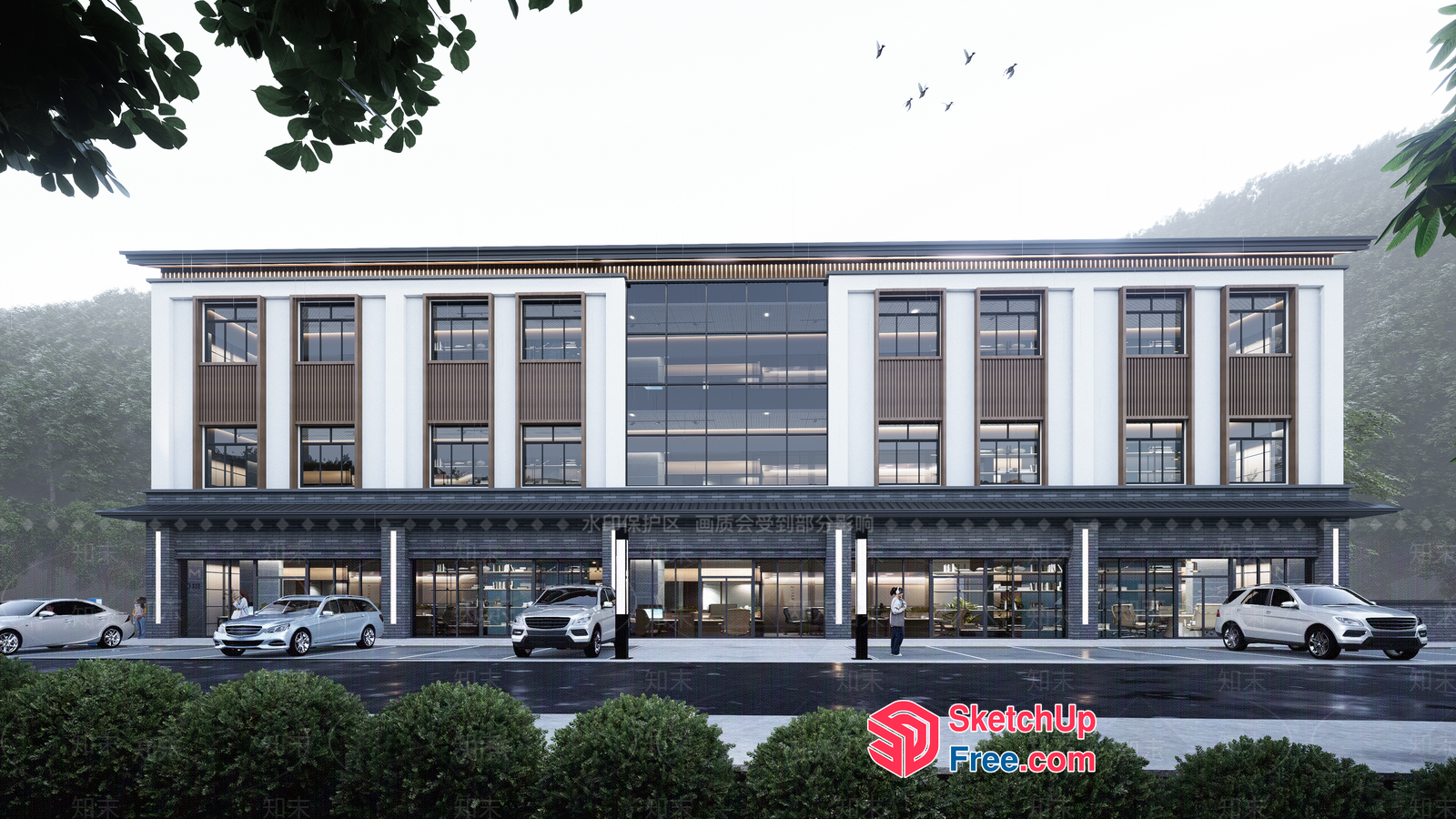 Modern Office Building With Glass Curtain Wall And Pillars 3D SketchUp File