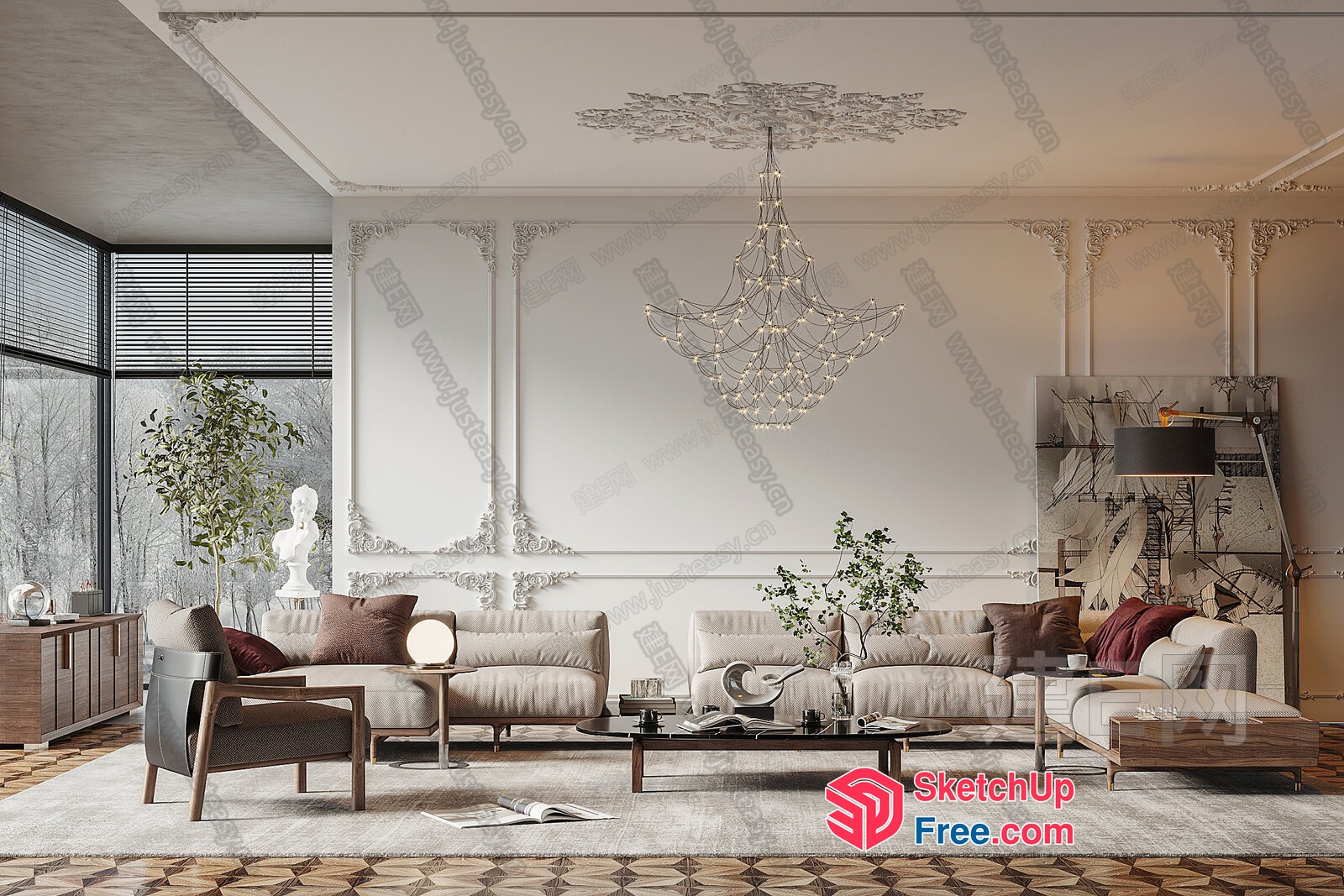 Elegant And Modern Living Room With Creamy Style Decor 3D SketchUp File
