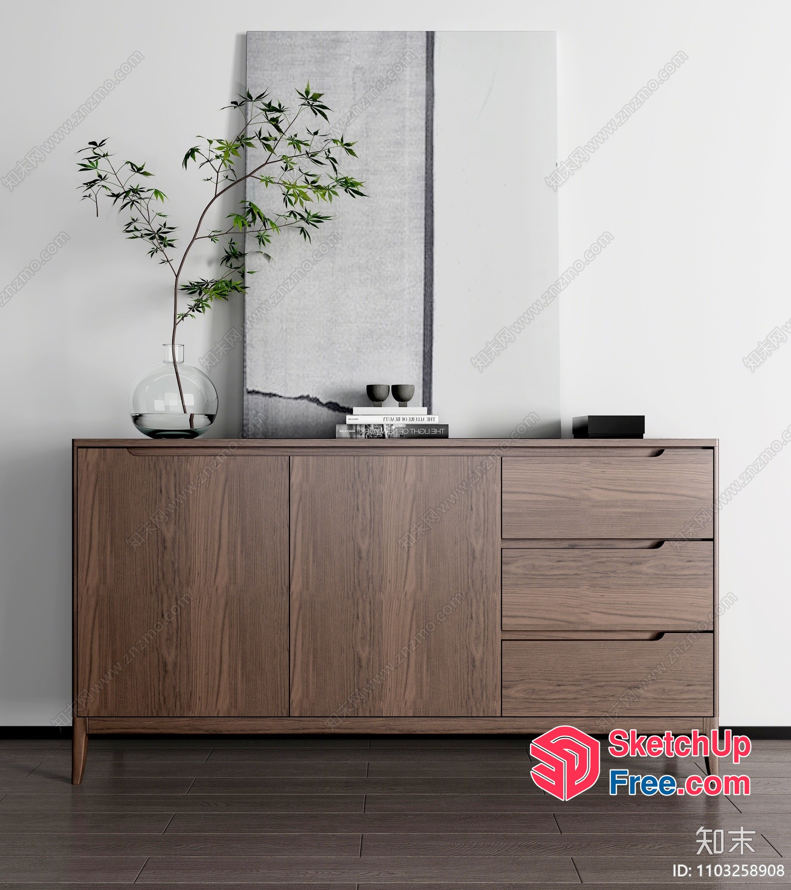 Modern Minimalist Japanese-Style Wooden Dresser With Decorative Elements 3D SketchUp File