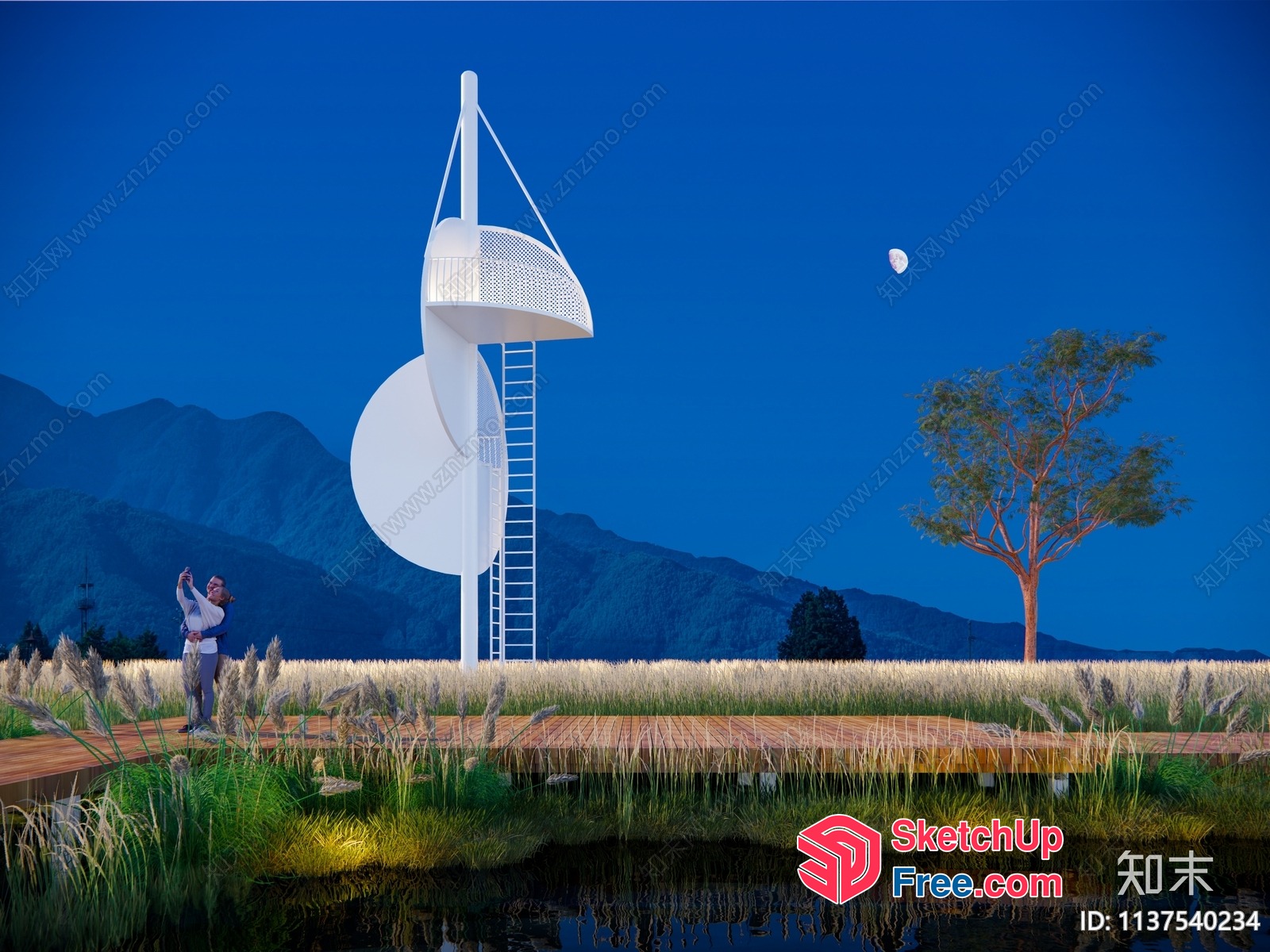 Modern White Ladder Leading To A Round Platform 3D SketchUp File