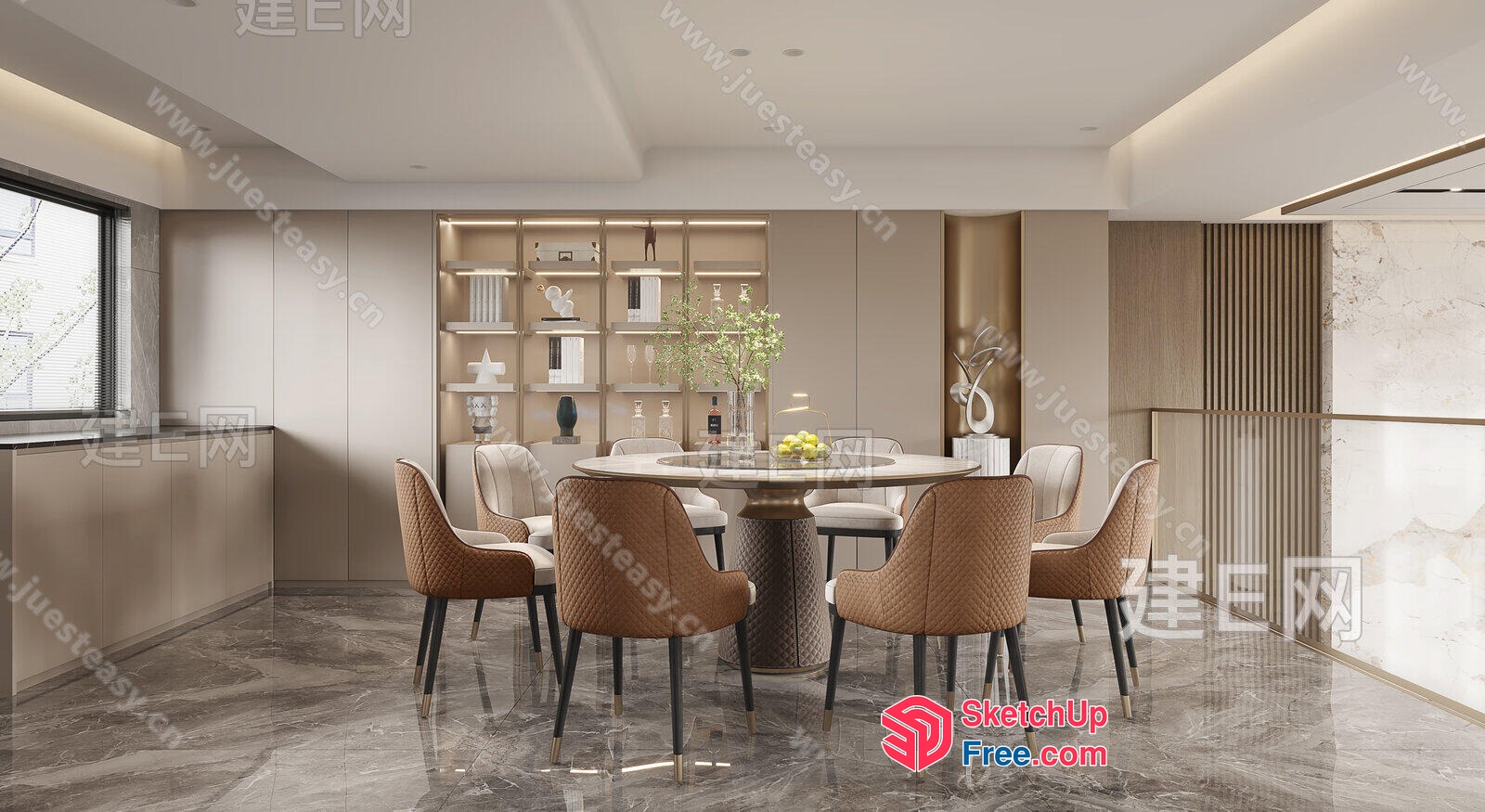 Modern Dining Room With Round Table And Six Chairs 3D SketchUp File