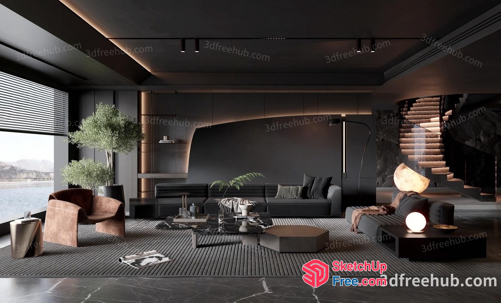Modern Living Room With Stairs And Water View 3D SketchUp File