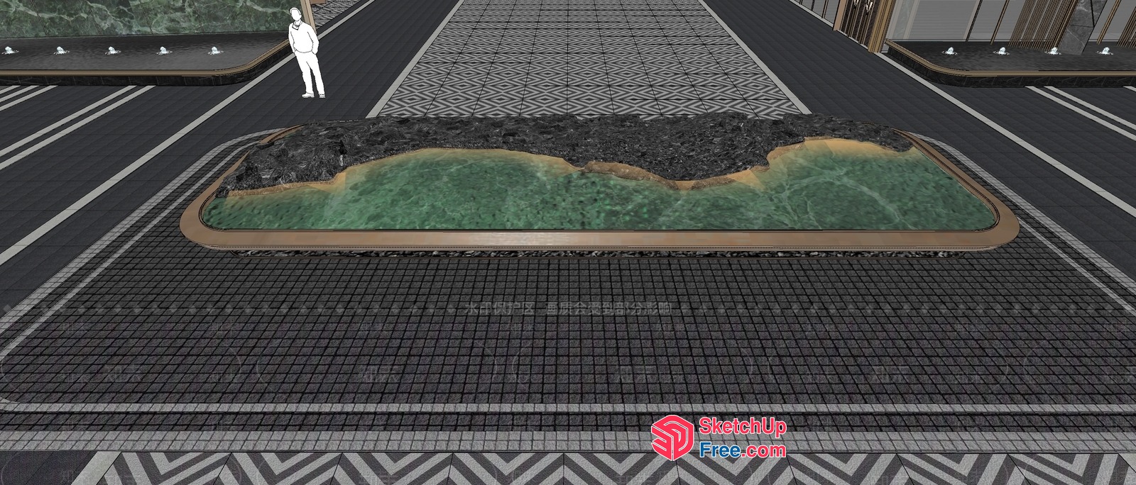 Modern Black And White Mosaic Tile Floor With Green Water Feature 3D SketchUp File