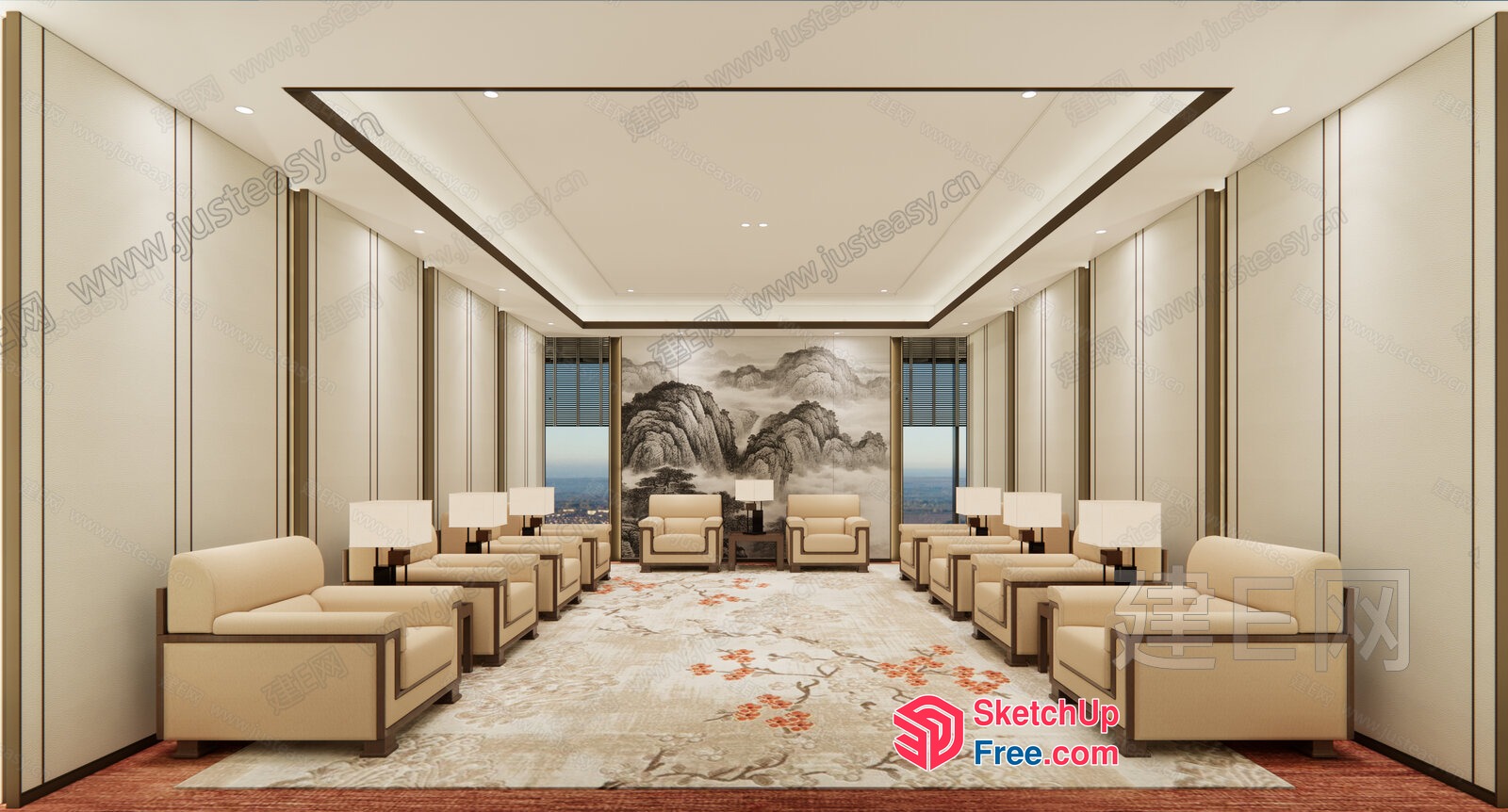 Elegant Creamy Style Living Room With Panoramic View 3D SketchUp File