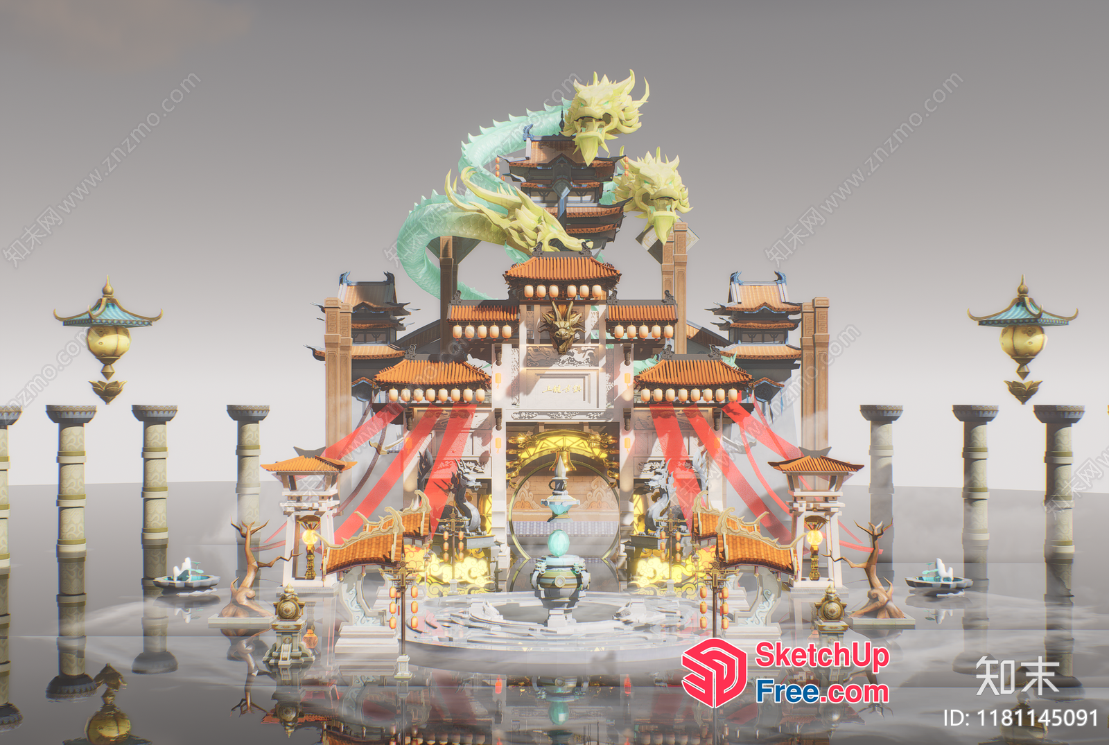 Ancient Chinese Temple With Dragon Sculpture 3D SketchUp File