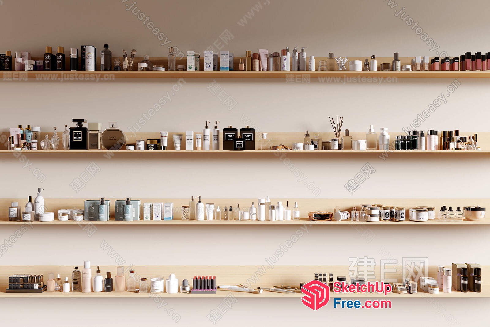 Cosmetic Products Displayed On Five Wooden Shelves 3D SketchUp File