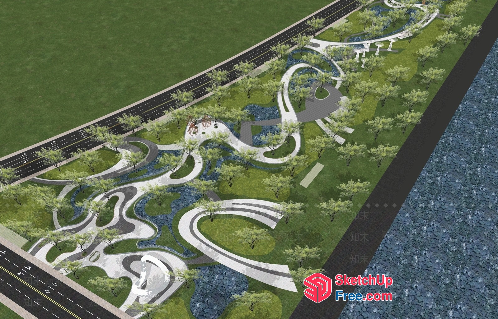 Serpentine Roadside Park With Winding Paths And Water Features 3D SketchUp File