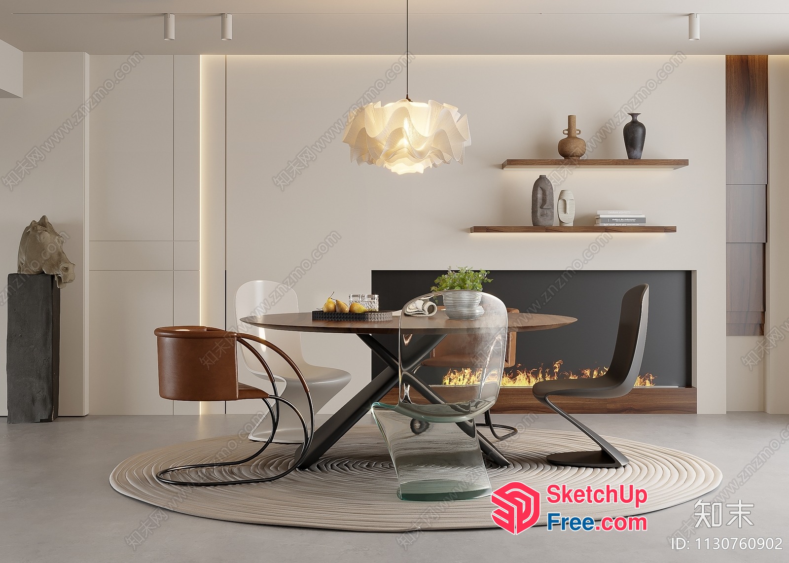 Modern Minimalist Dining Room With Fireplace And Fireplace 3D SketchUp File