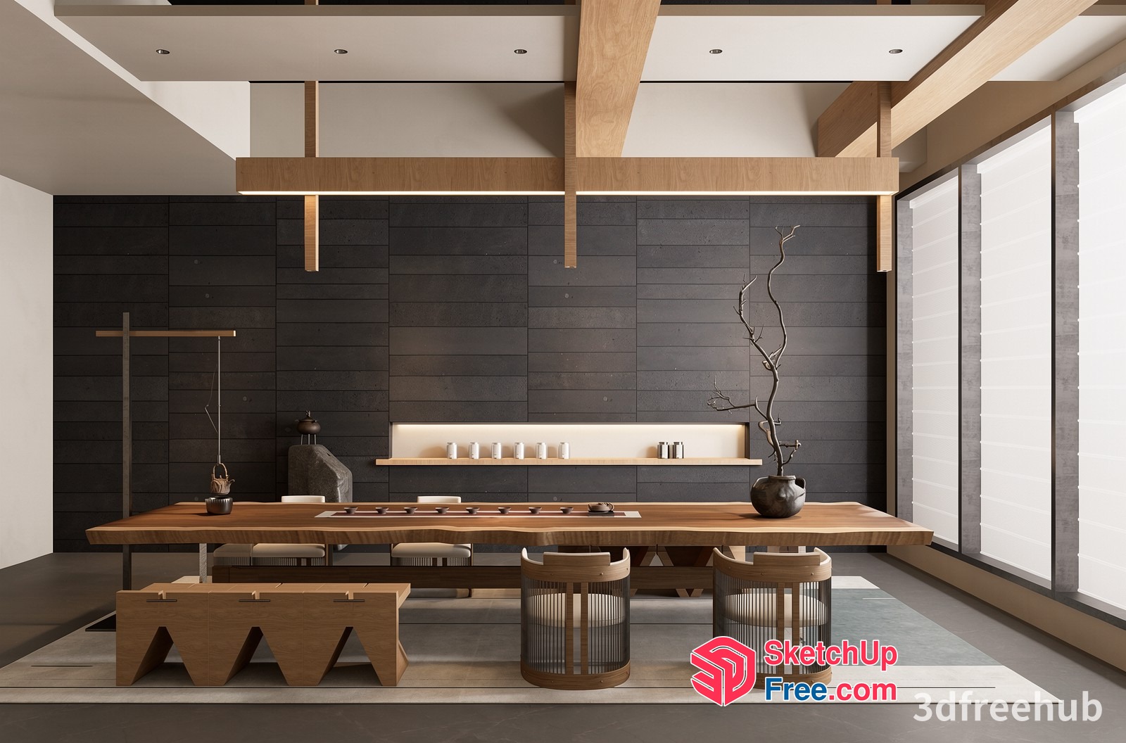 Modern Japanese-Style Dining Room With Natural Wood Accents 3D SketchUp File