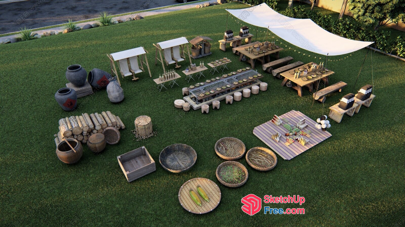 Outdoor Gathering Scene With Traditional Asian Decor 3D SketchUp File