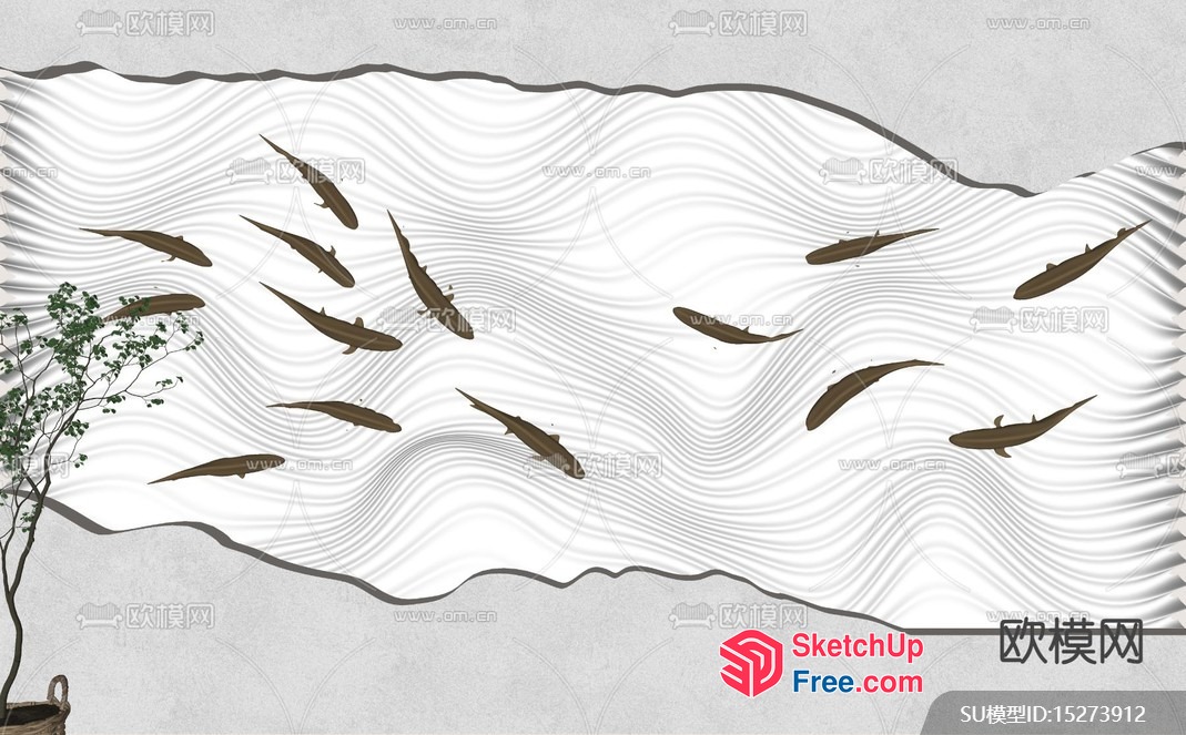 A Group Of Fish Swimming In A Wavy White Water 3D SketchUp File
