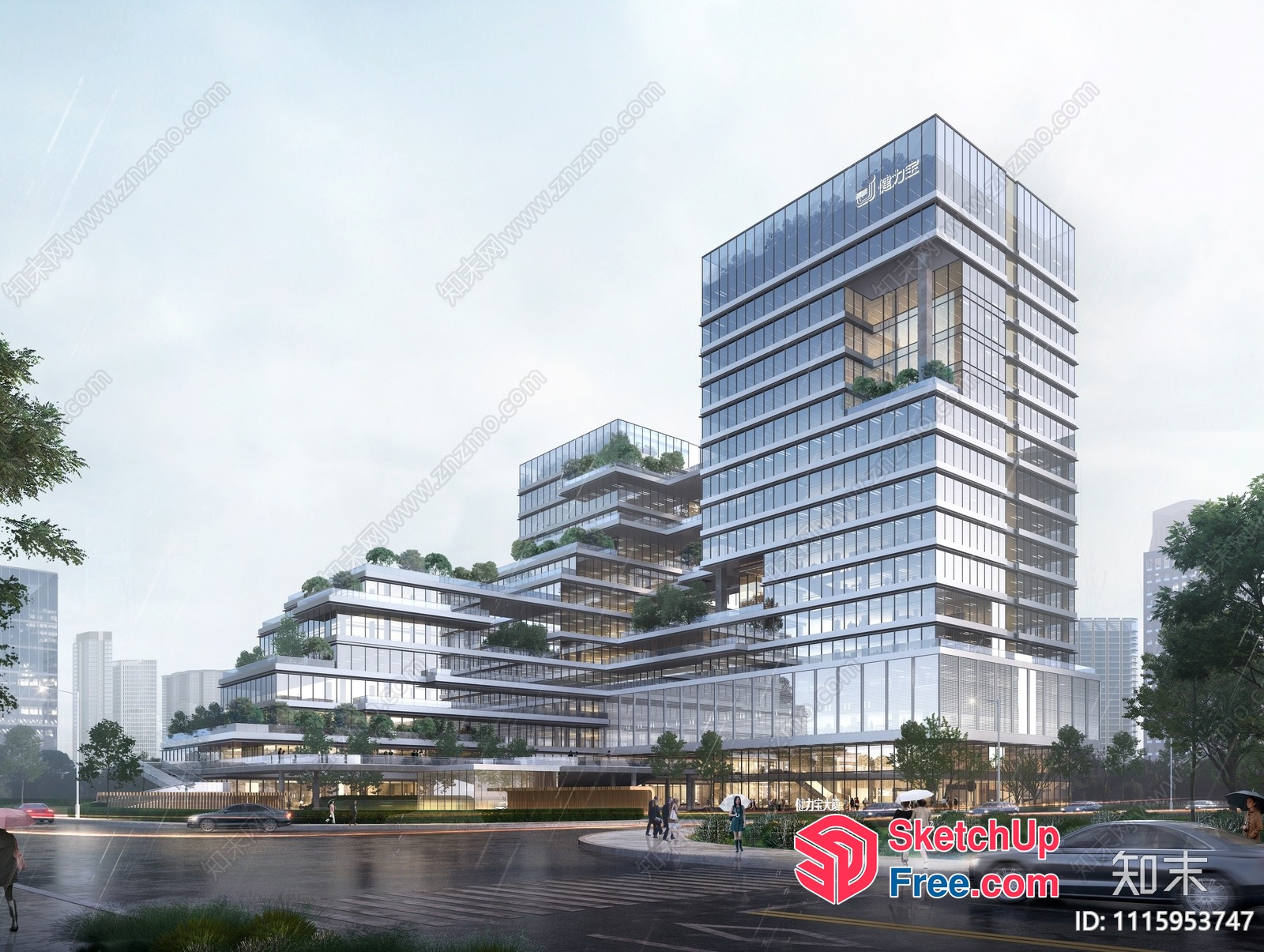 Modern Office Building With Glass Curtain Wall 3D SketchUp File