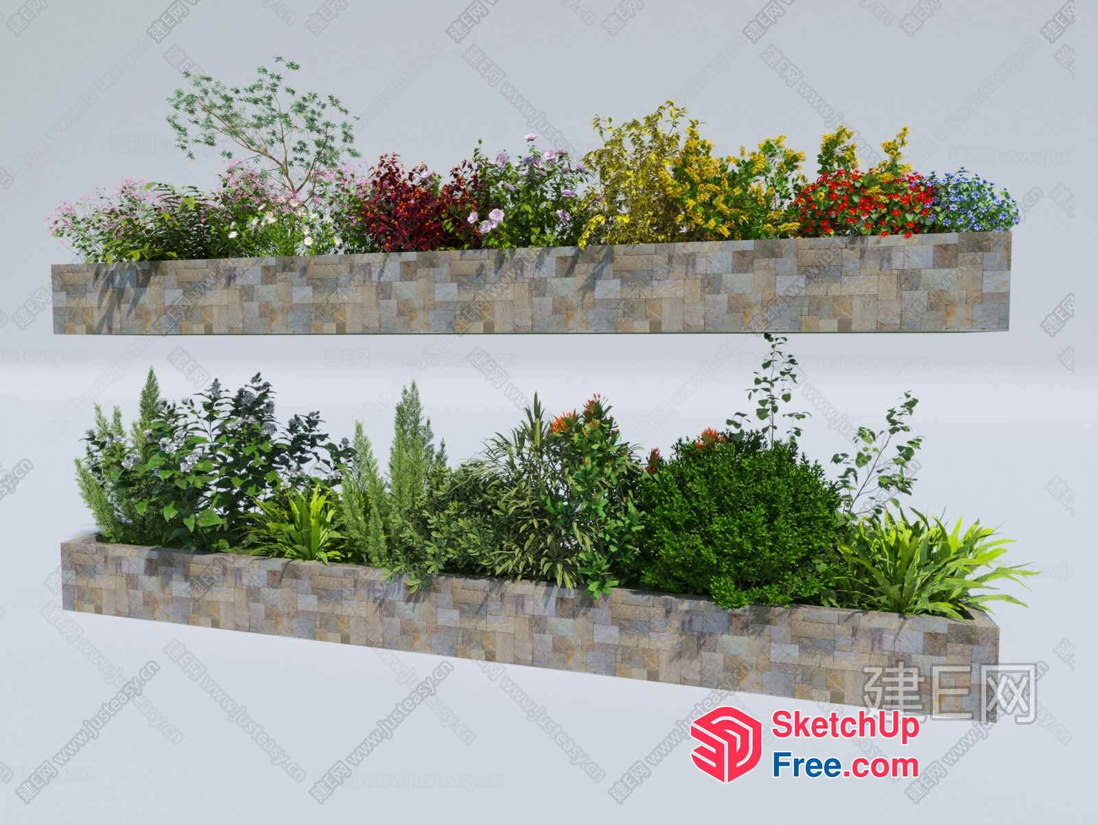 Two Long Stone Planters Filled With Greenery 3D SketchUp File