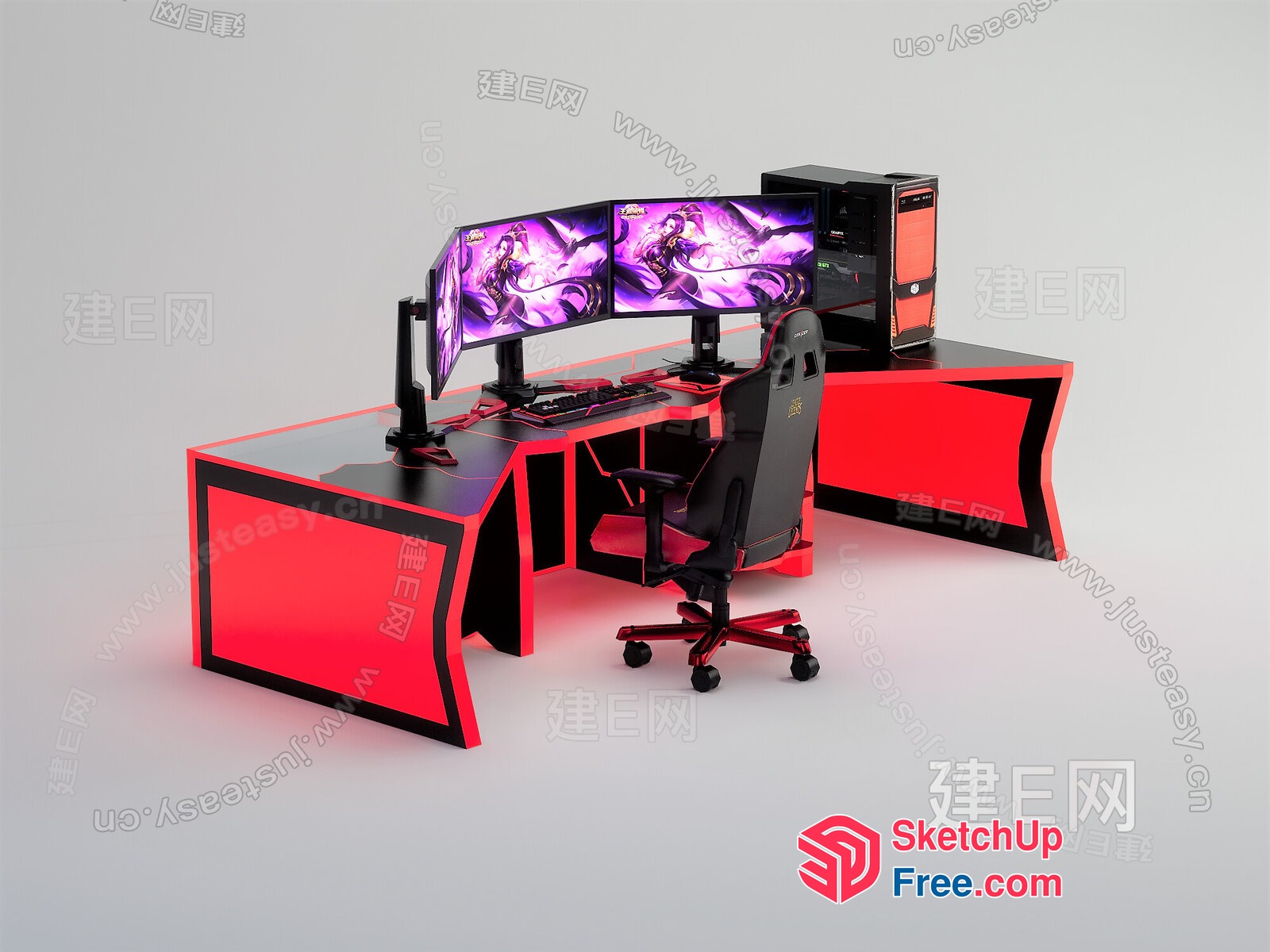 Modern Gaming Station With Three Monitors And Sleek Black And Red Furniture 3D SketchUp File