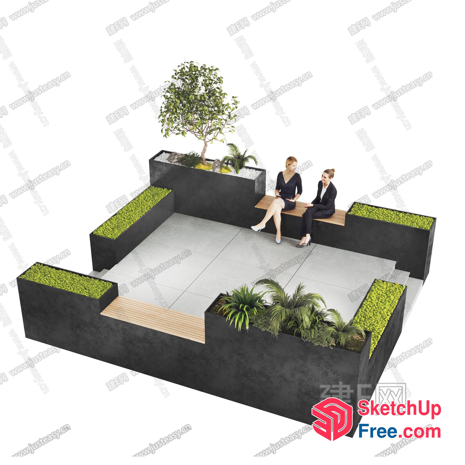 Modern Outdoor Seating Area With Plants And Benches 3D SketchUp File