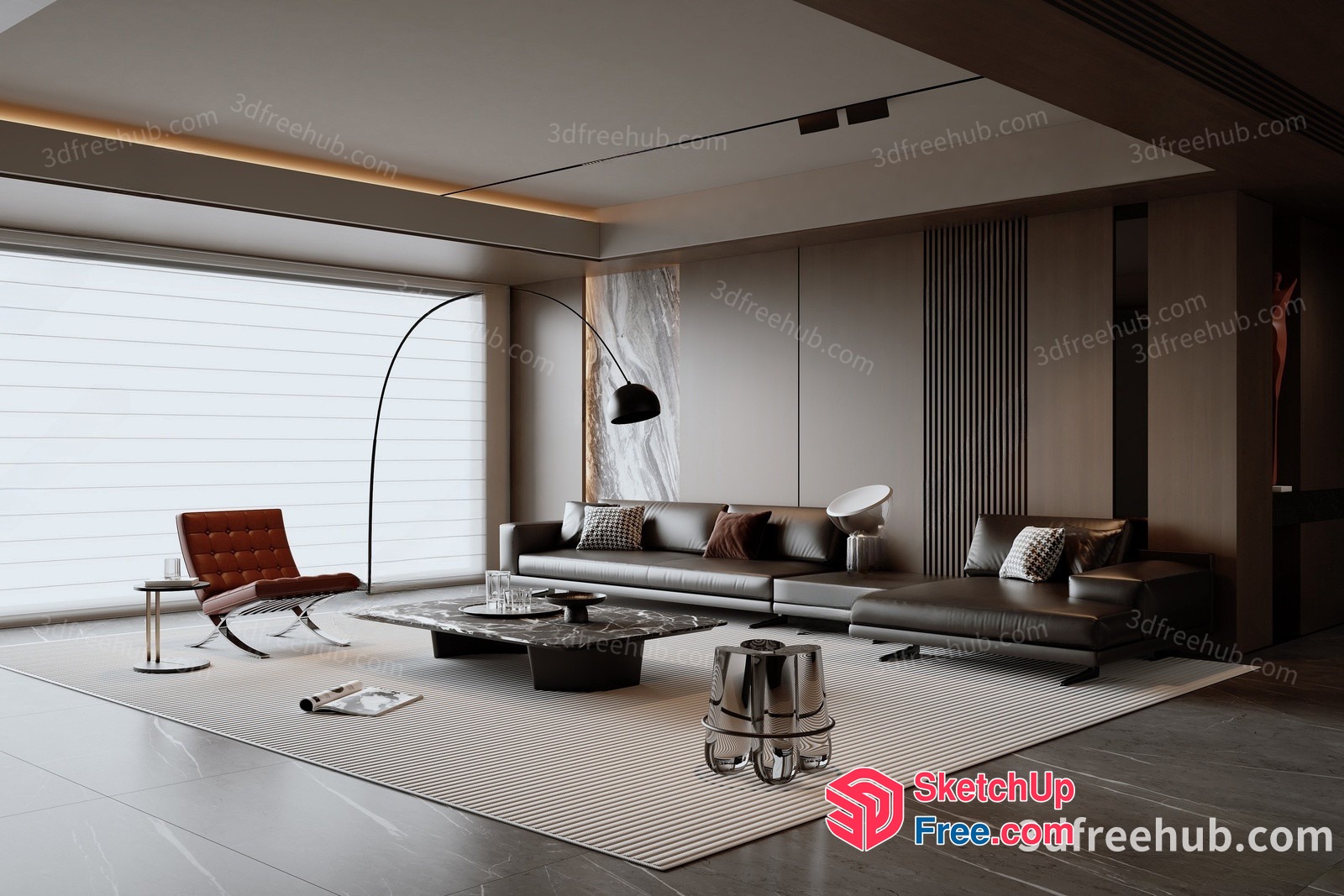 Modern Living Room With Leather Sofa And Pillows 3D SketchUp File