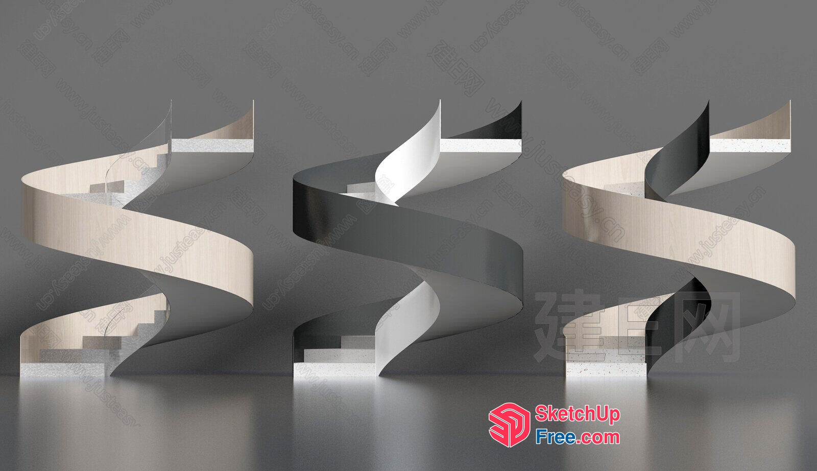 Curved Staircase With Wooden Accents 3D SketchUp File