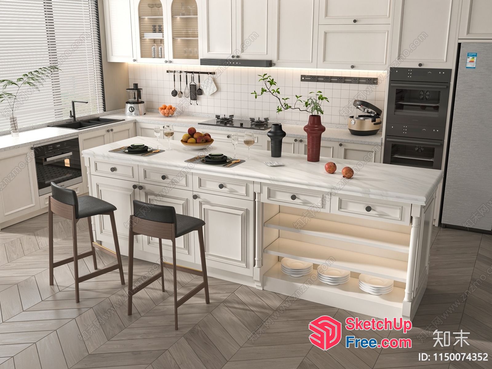 Elegant White Kitchen With Island And Modern Appliances 3D SketchUp File