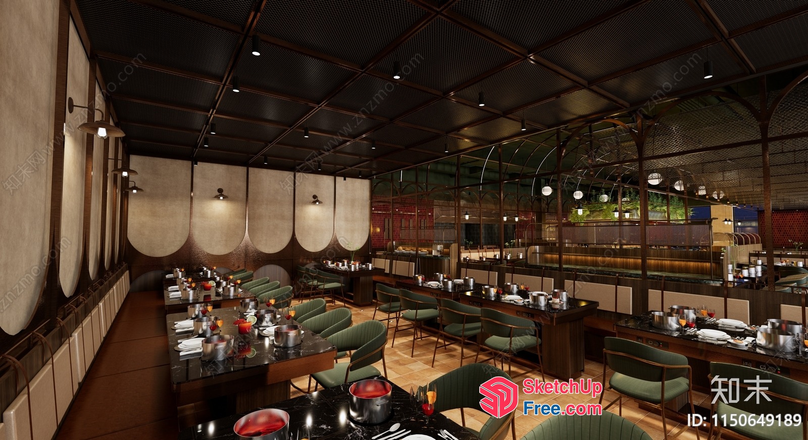 Modern Restaurant Interior With Green Chairs And Black Tables 3D SketchUp File