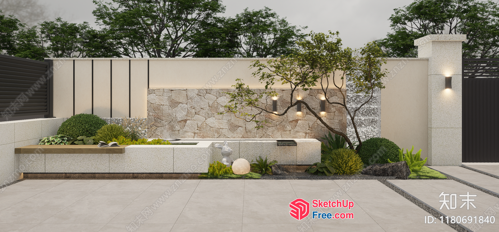 Modern Minimalist Outdoor Decor With Pillar And Railing 3D SketchUp File