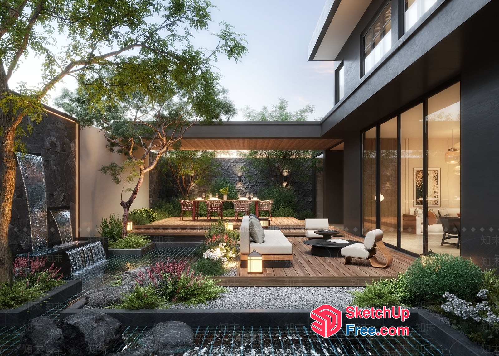 Modern Japanese-Style Garden Patio With Waterfall And Dining Area 3D SketchUp File