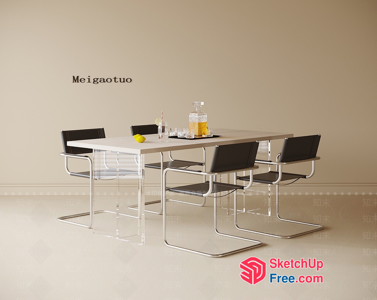 Minimalist Style Dining Table Set With Black Leather Chairs 3D SketchUp File