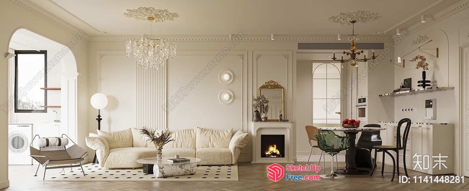 Modern European Style Living Room With Fireplace And Dining Area 3D SketchUp File