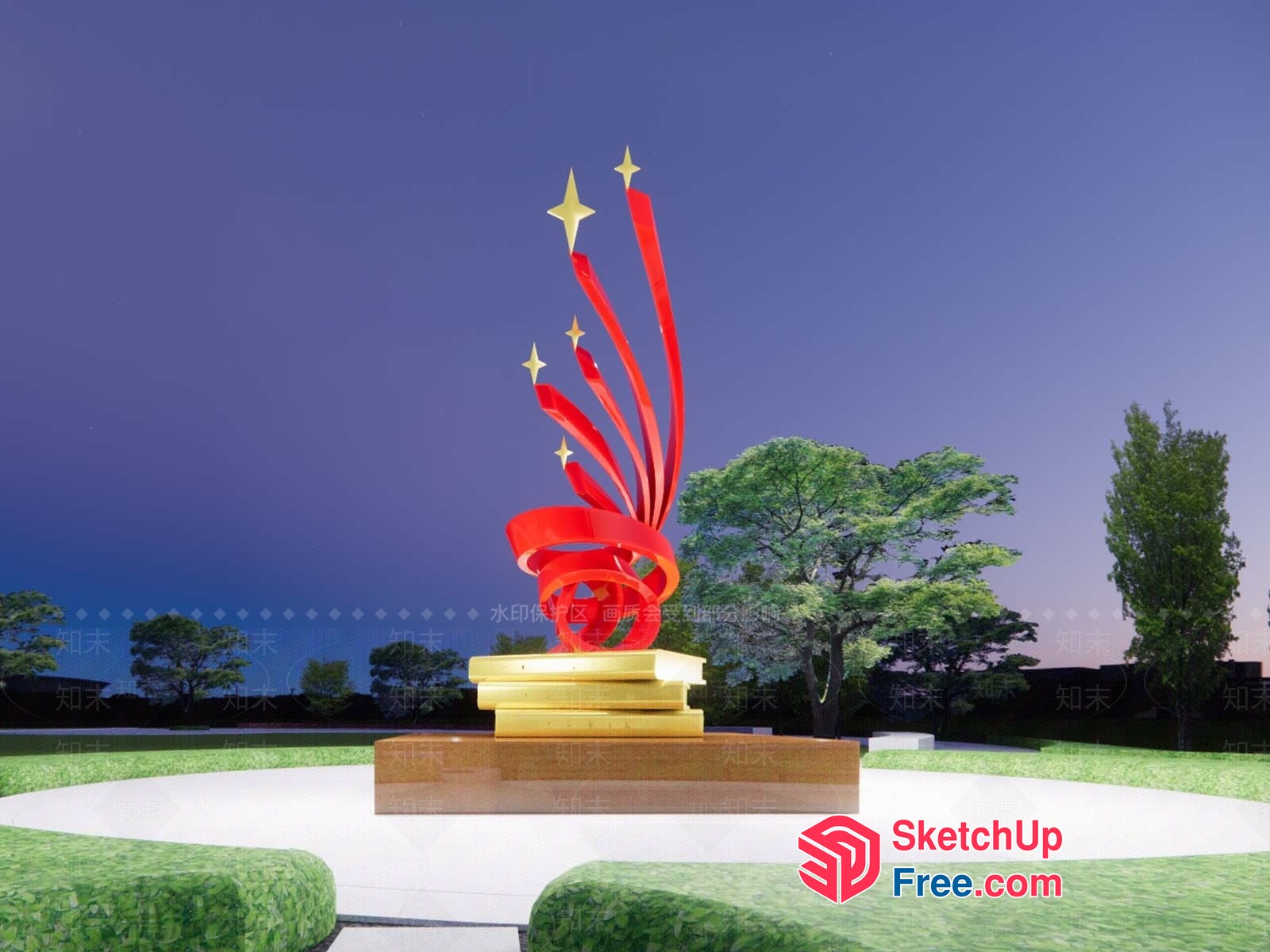 Red And Gold Sculpture On A Wooden Base 3D SketchUp File
