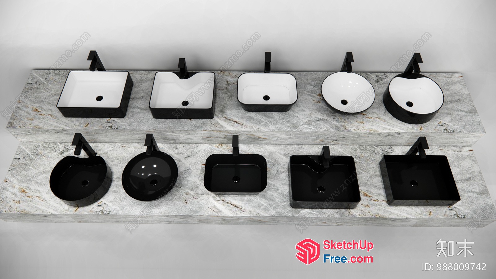 Black And White Wash Basins On Marble Shelves 3D SketchUp File