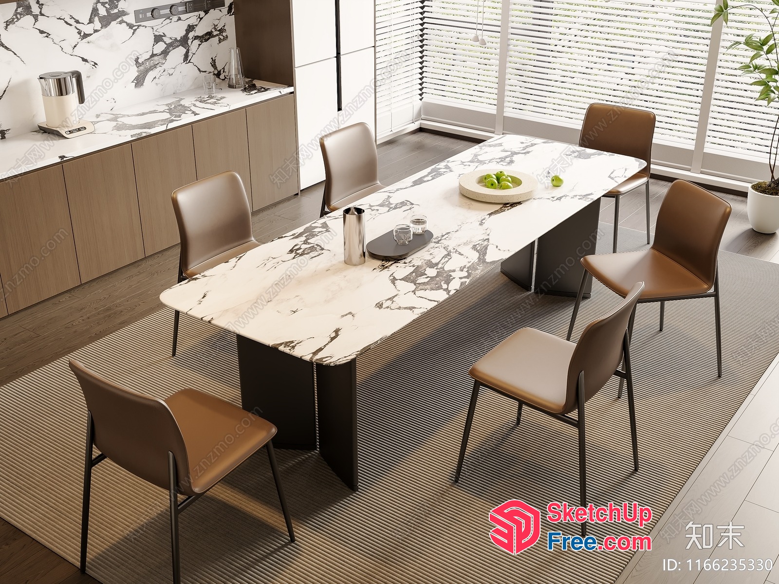 Modern Dining Room With Sleek Marble Table And Brown Leather Chairs 3D SketchUp File