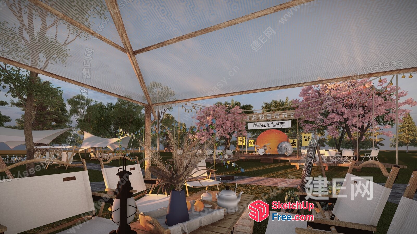 Outdoor Dining Area With Cherry Blossom Trees 3D SketchUp File