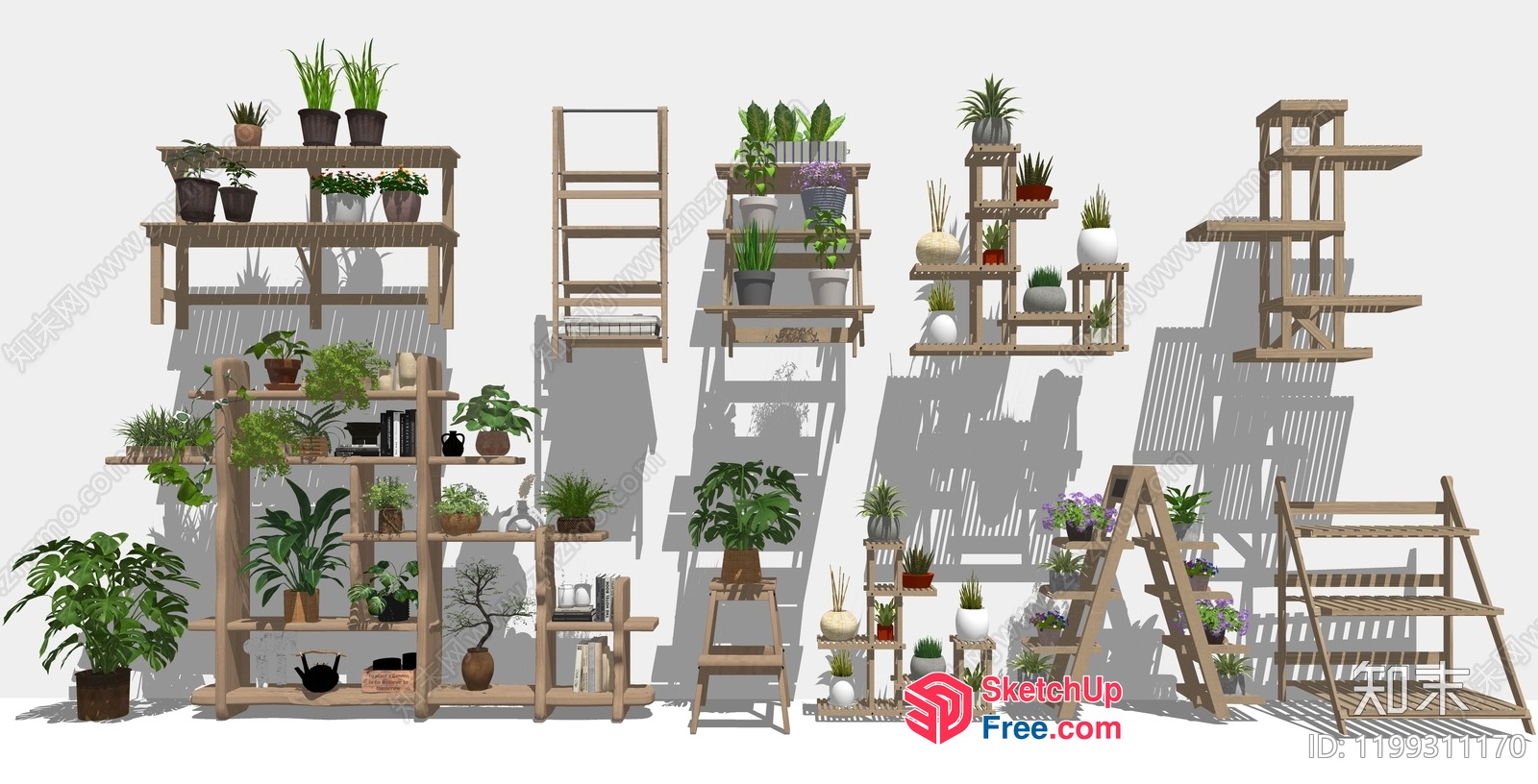 Elegant Wooden Shelving Unit With Potted Plants And Decor 3D SketchUp File