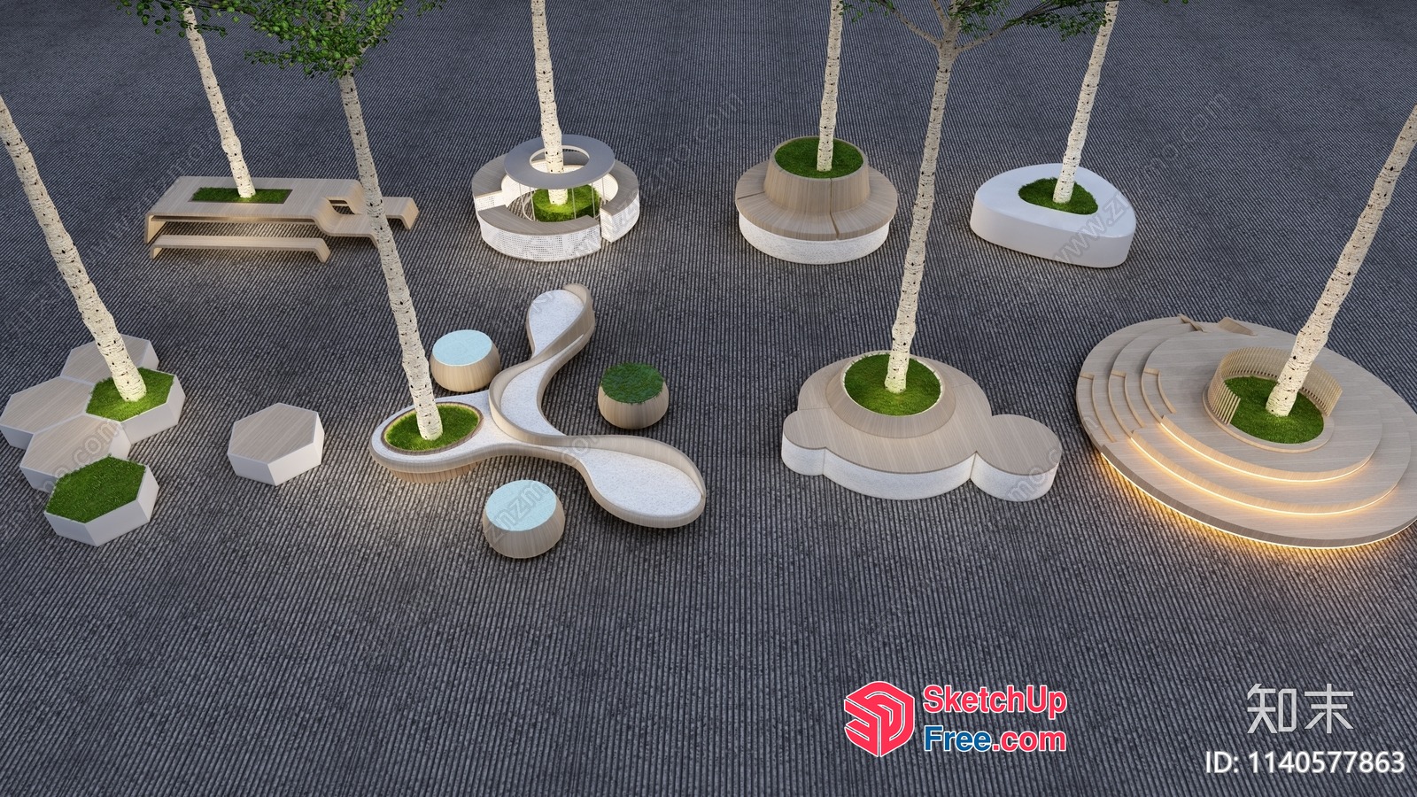 Modern Outdoor Seating Arrangement With Tree Planters 3D SketchUp File