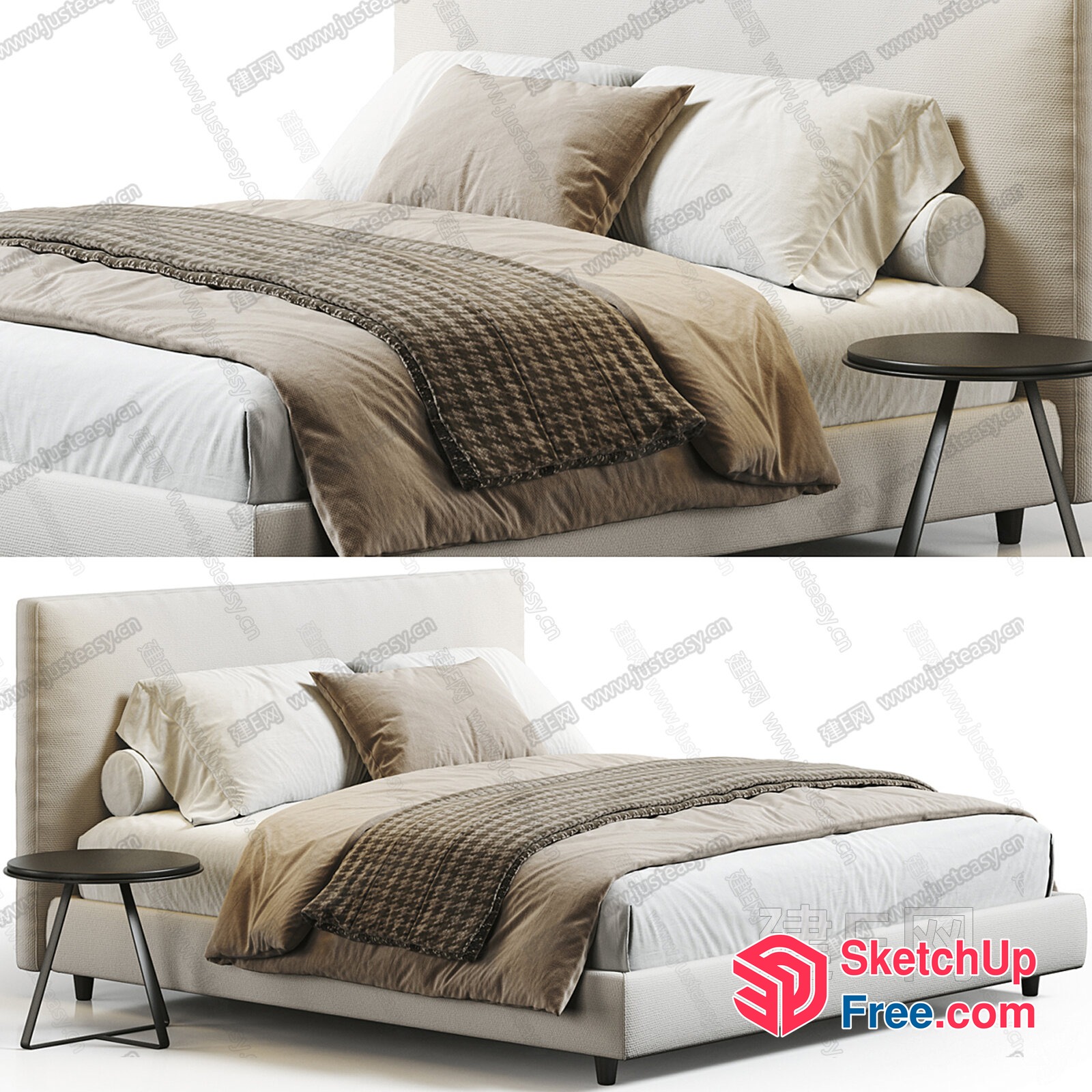 Modern Minimalist Beige Bed With Pillows And Blanket 3D SketchUp File
